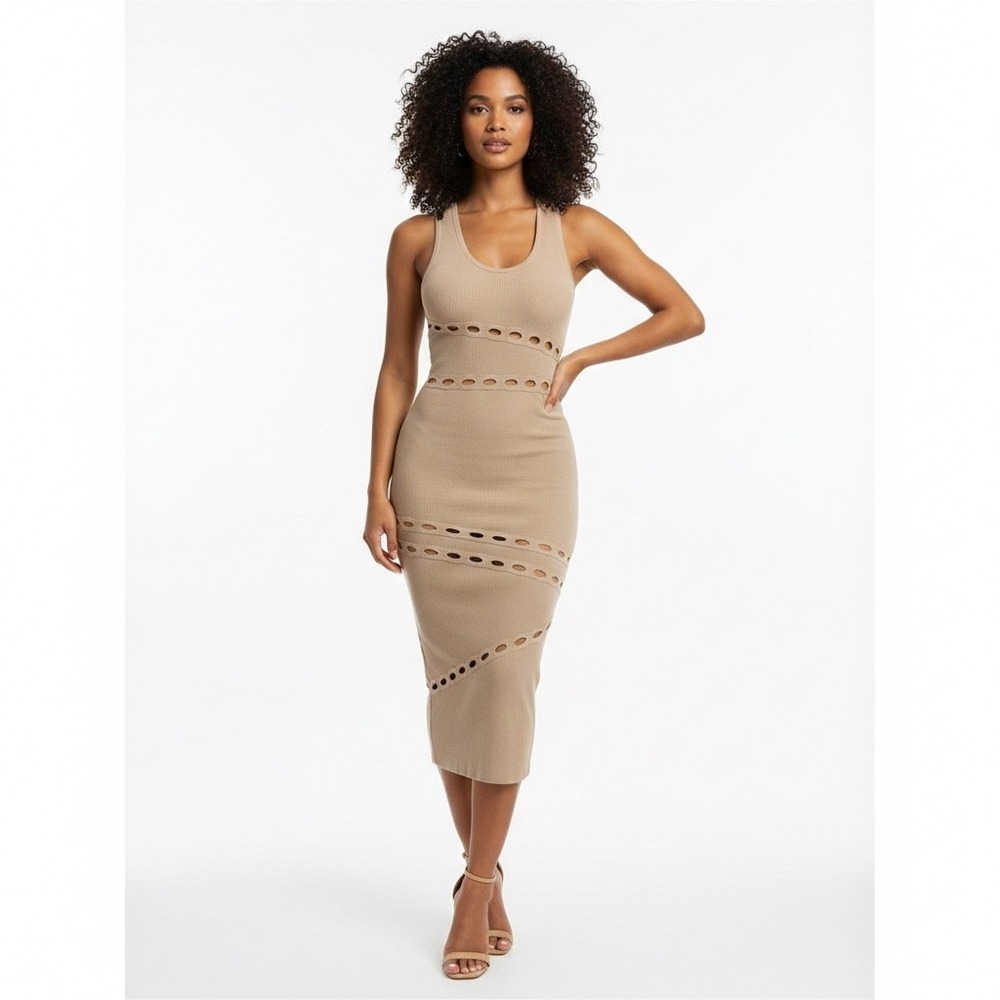 REHAB Ribbed Knit Eyelet Cutout Racerback Midi Bodycon Dress Tan Size M